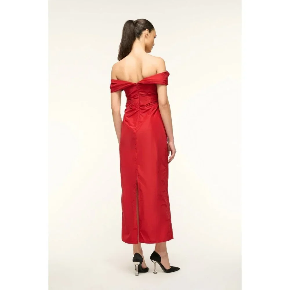 STAUD Andrea Dress Rouge Red Size 2 Off‑Shoulder Taffeta Midi - NWT